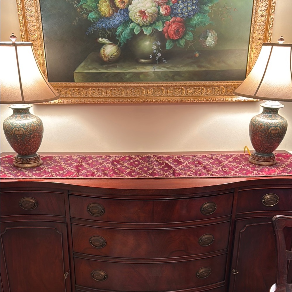 Elegant Holiday Table Runner. 13 1/2” x 69”. Beautiful Ruby with Gold Accents.